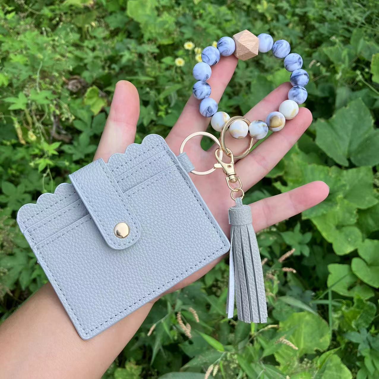Wholesale Card Holder Pu Tassel Beads Bracelet Wallet Keychain